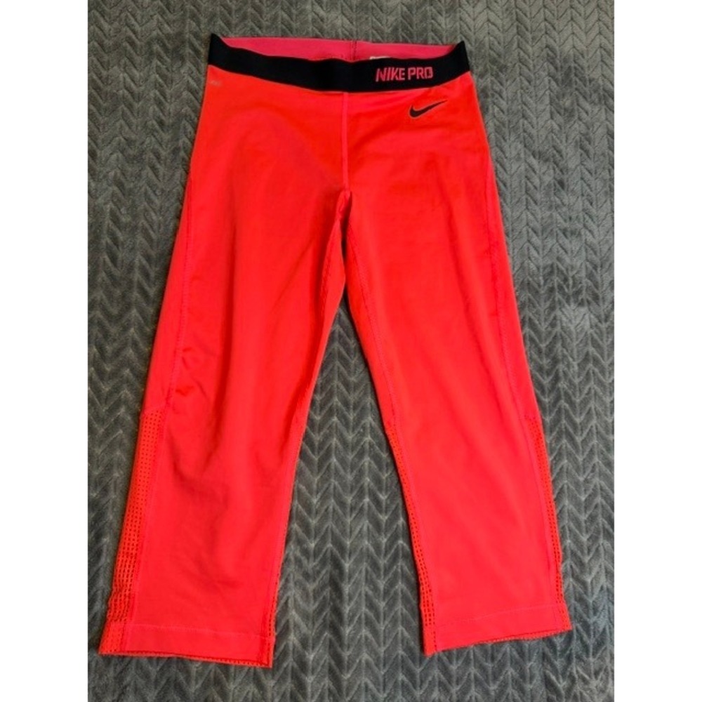 Nike Pro Women Crimson Orange Mesh Panel Capri Leggings Training  Size L 0056